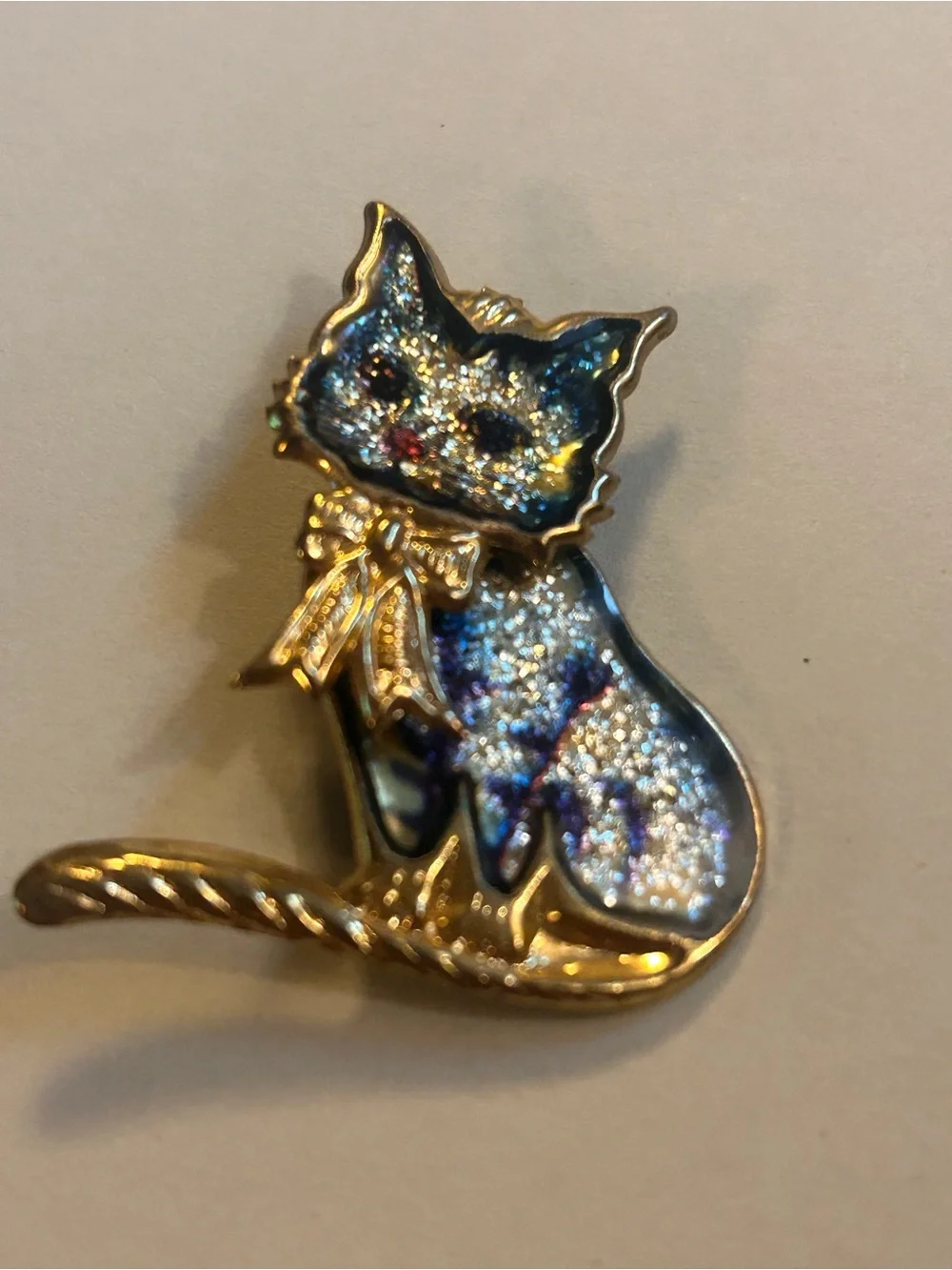 Vintage/Retro Gold-Tone Cat Brooch with Blue & Silver Glitter Enamel, Bow Tie